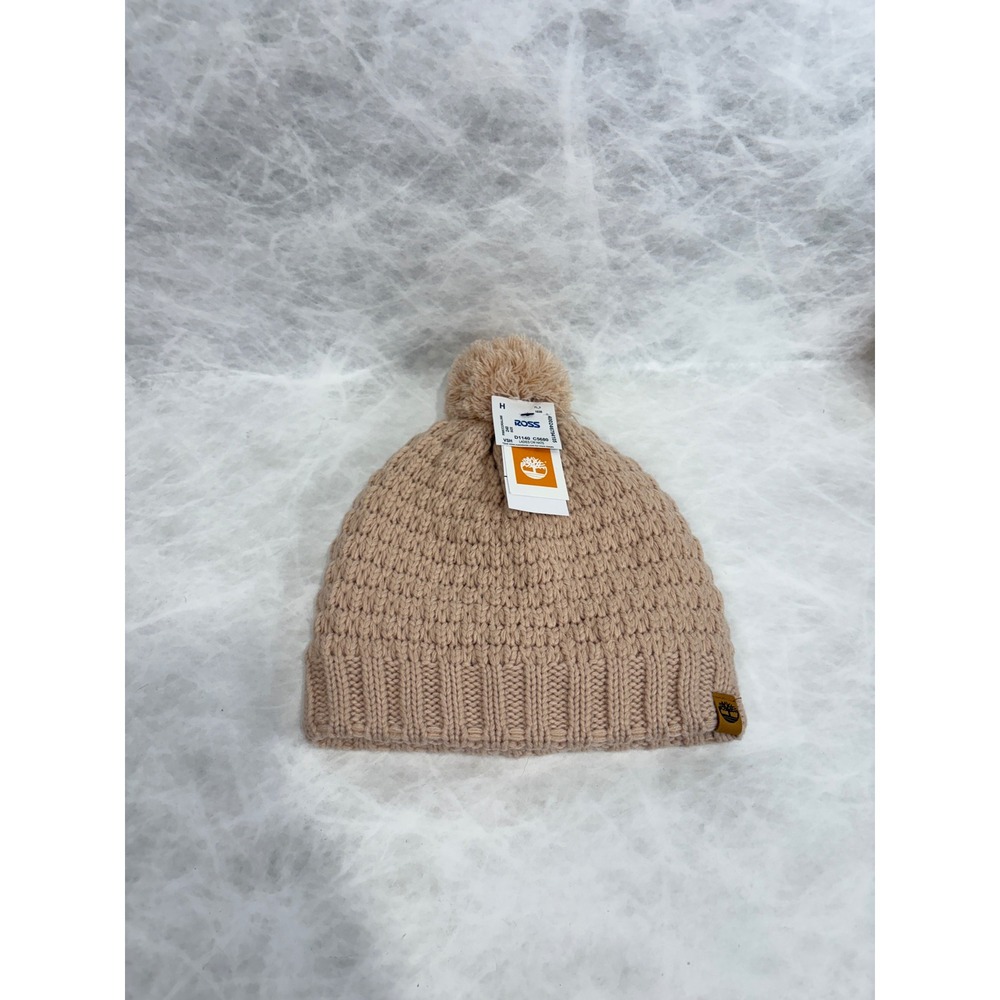 Timberland Womens Cable Knit Fleece Lined Pom Pom Beanie Hat Peach Pink OS NEW